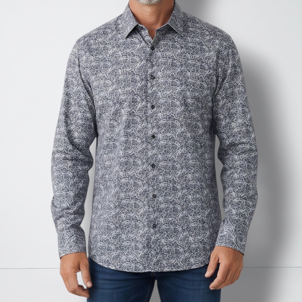 Perry Ellis Shirt Men's 3XLT Gray Paisley Floral Long Sleeve Button Up